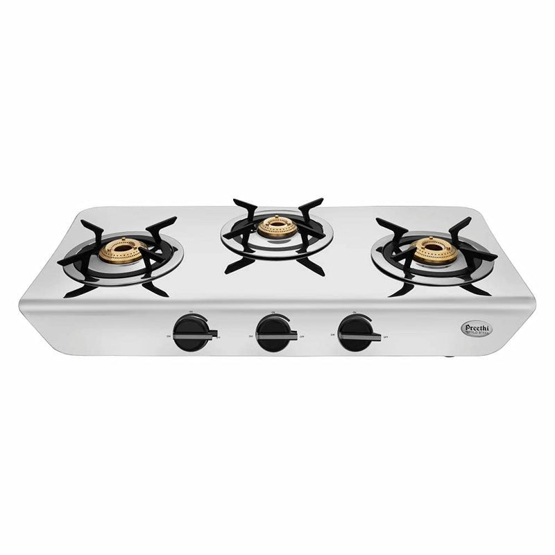 Preethi Stylo Steel 3 Burner Gas Stove |Curved & Sleek design| Heavy Brass Burner| Ant Guard Jet | Removable Drip Tray