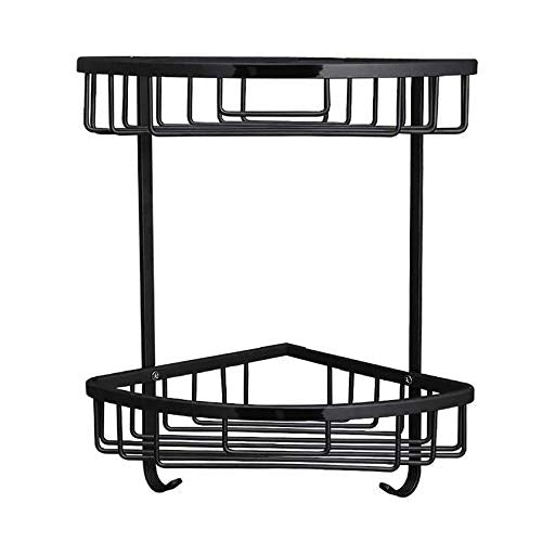 Plantex Stainless Steel Corner Shelf for Bathroom Wall/Bathroom Corner Rack with Hooks/Bathroom Organiser with Drill (2-Tier, Black)-2