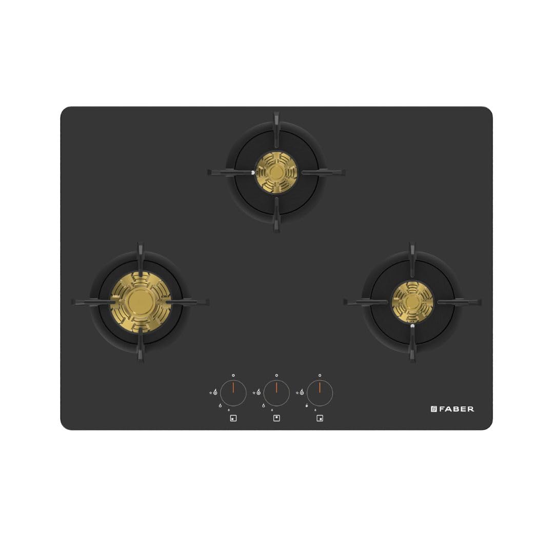 Faber 3 Burner 70Cm HOB |Auto Ignition | HOB PRIME HT703 CRS BR CI AI |Metal Knobs| Cast Iron Pan Support |HOB/Cooktop H