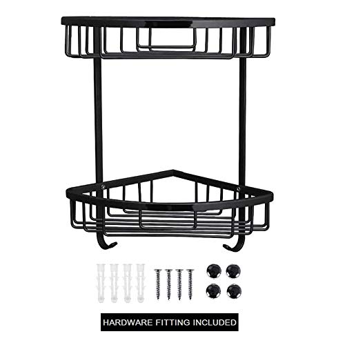 Plantex Stainless Steel Corner Shelf for Bathroom Wall/Bathroom Corner Rack with Hooks/Bathroom Organiser with Drill (2-Tier, Black)-6