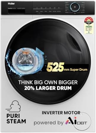 Haier 8 kg 5 Star Powered by AI-DBT with PuriSteam, 525mm Super Drum Fully Automatic Front Load Washing Machine (HW80-IM12929C, Inverter Motor with In-Built Heater, White)