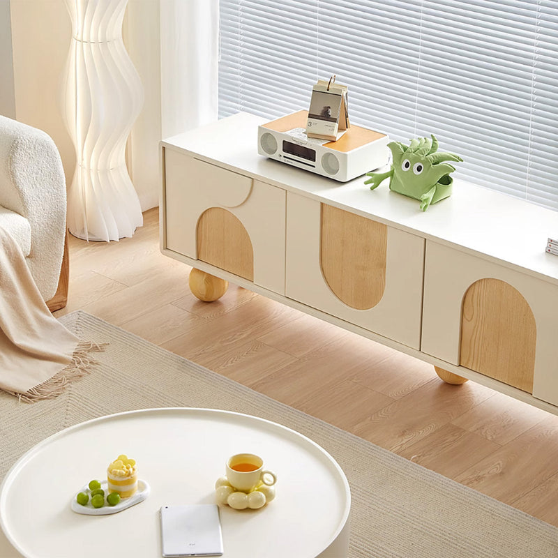 78.7'' W Beige Storage Tv Stand Solid Wood Cabinet For Living Room Five Legs