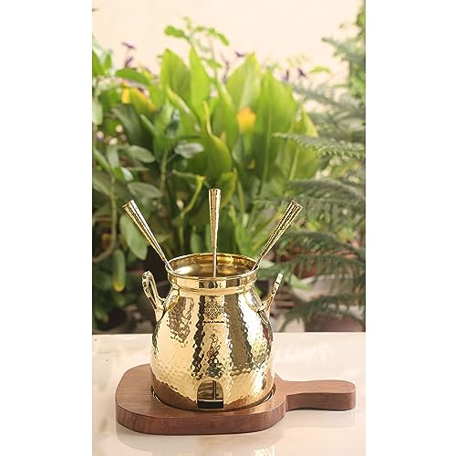 Indian Art Villa Brass Table Tandoor with Wooden Base and 3 Skewers, Hammered Design, Tabletop Oven for Indian Cooking - Home, Hotel and Restaurant Use, Diameter - 12 Inch