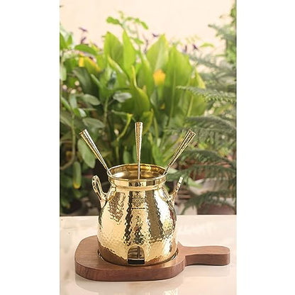 Indian Art Villa Brass Table Tandoor with Wooden Base and 3 Skewers, Hammered Design, Tabletop Oven for Indian Cooking - Home, Hotel and Restaurant Use, Diameter - 12 Inch