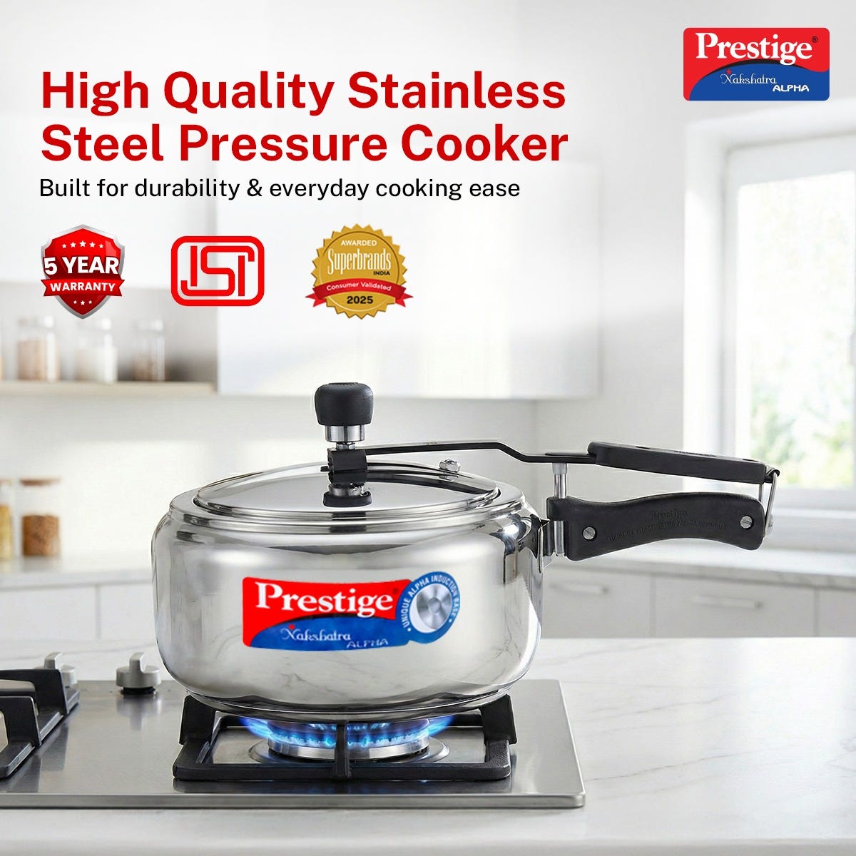 Prestige Nakshatra Alpha Stainless Steel Gas and Induction Compatible Pressure Cooker, 3.5 L (Silver), Prestige Omega Deluxe Granite Non-stick Round Base Omni Tawa, 25 cm (Black)