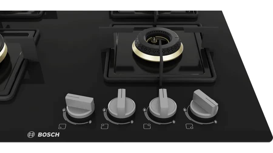 Bosch Built in Gas Hob Black Tempered glass Glass 4 Burner Auto Ignition 60 cm True Brass 2D Ring Burners with Glossy Bl