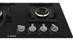 Bosch Built in Gas Hob Black Tempered glass Glass 4 Burner Auto Ignition 60 cm True Brass 2D Ring Burners with Glossy Bl