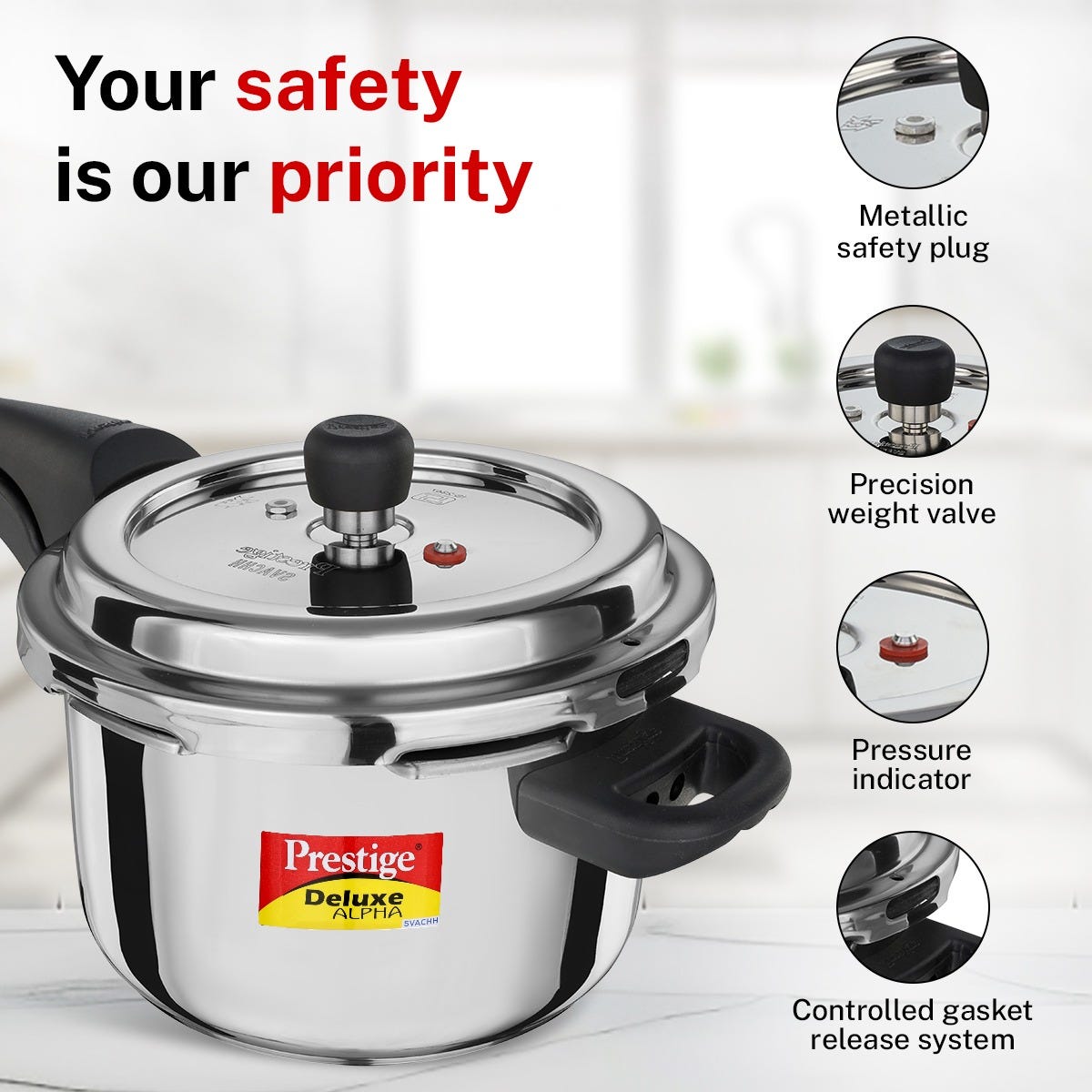 Prestige Deluxe Alpha Svachh Stainless Steel Spillage Control Pressure Cooker, 4 L (Silver), Prestige Omega Deluxe Granite Non-stick Round Base Omni Tawa, 25 cm (Black)