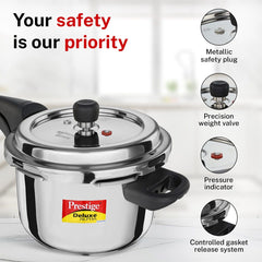 Prestige Deluxe Alpha Svachh Stainless Steel Spillage Control Pressure Cooker, 4 L (Silver), Prestige Omega Deluxe Granite Non-stick Round Base Omni Tawa, 25 cm (Black)
