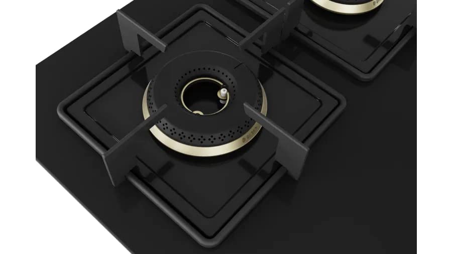 Bosch Built in Gas Hob Black Tempered glass Glass 4 Burner Auto Ignition 60 cm True Brass 2D Ring Burners with Glossy Bl