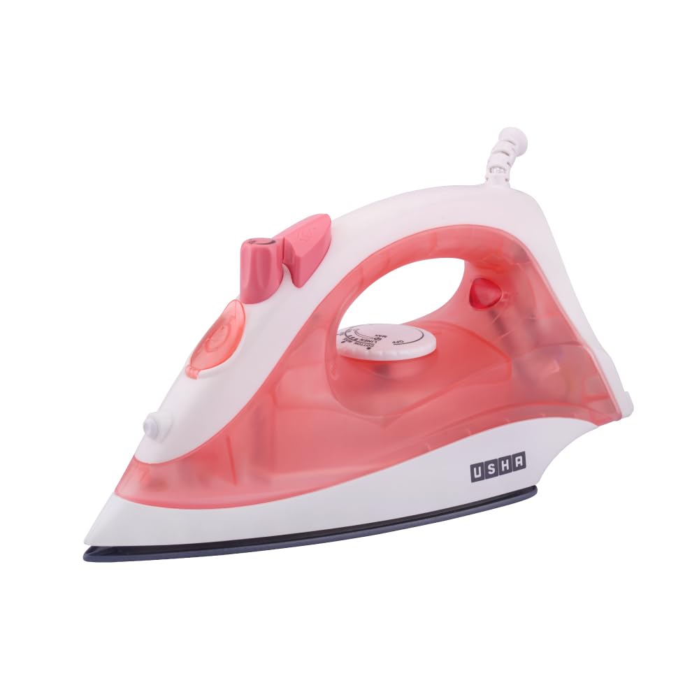 USHA SI 3813 C 1300W Steam Iron with Ceramic Coated Sole Plate, Self Cleaning, 180ml Water Tank, 360° Swivel Cord, Spray & Steam Burst Function – 2 Year Warranty (Pink)