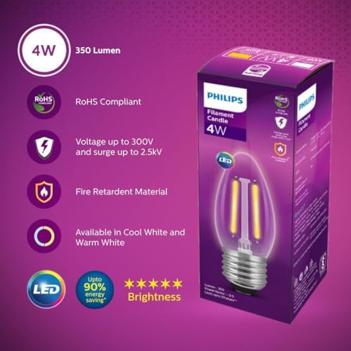 Philips 4-Watt 400-lumen Clear Candle E27 Base (Warm White) - Decorative, Ambience for Chandeliers