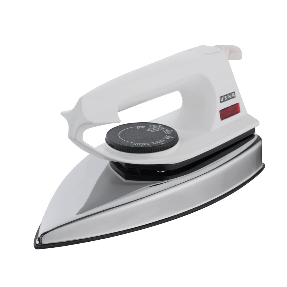 Usha 2802 1000Watt Dry Iron with Metal Body | Single Coat Black Non Stick Soleplate for longer durability | Thermal Safety Fuse | 180° Swivel Cord | 2 Years Warranty | (White)