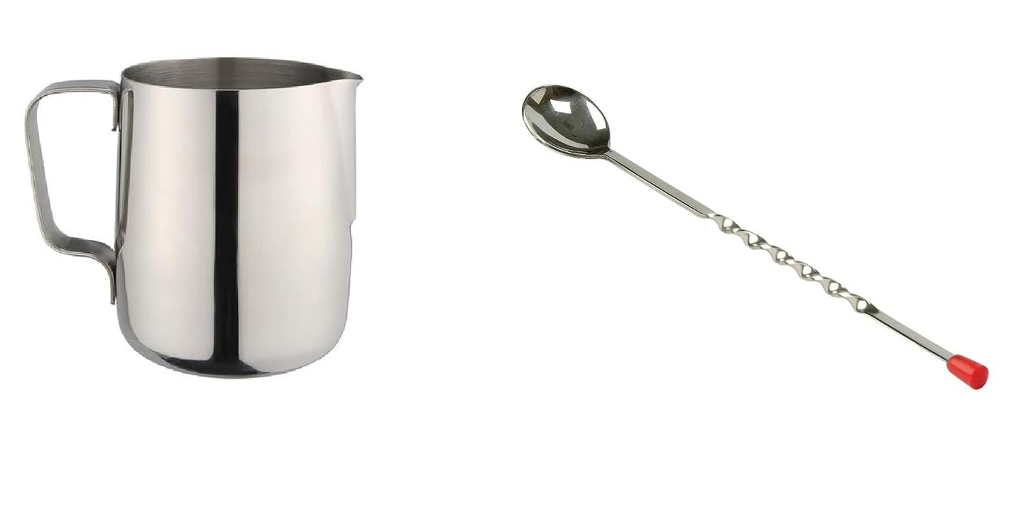 Dynore Stainless Steel Milk Frothing Jug 600 ml & 11-Inch Bar Spoon Stirrer Combo, Ideal for Coffee, Latte Art, and Cocktail Mixing