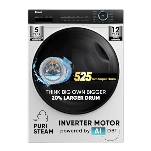 Haier 8 kg 5 Star Powered by AI-DBT with PuriSteam, 525mm Super Drum Fully Automatic Front Load Washing Machine (HW80-IM12929C, Inverter Motor with In-Built Heater, White)