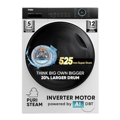 Haier 8 kg 5 Star Powered by AI-DBT with PuriSteam, 525mm Super Drum Fully Automatic Front Load Washing Machine (HW80-IM12929C, Inverter Motor with In-Built Heater, White)
