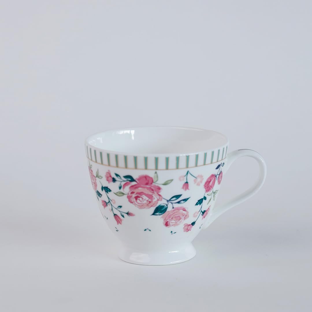Magique by The Wishing Chair x ClayCraft : Portrait of a Rose Tea Cups & Saucers Set of 6 | 180 ml Fine Ceramic Floral Cups | Elegant Glossy Finish | Ideal for Gifting & Home Use