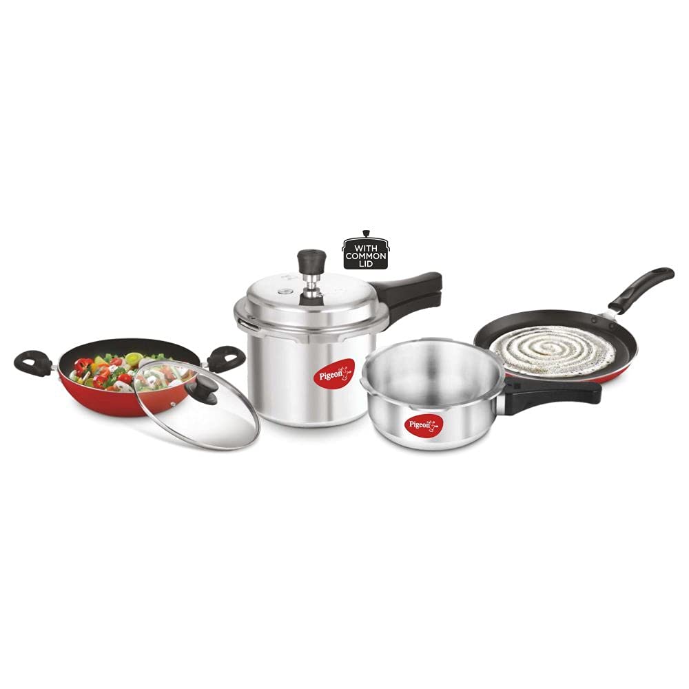 Pigeon by Stovekraft Induction Base 4-in-1 Starter Kit, Silver, Aluminium (Pressure Cooker, Pressure Pan, Tawa, and Kadhai Set)