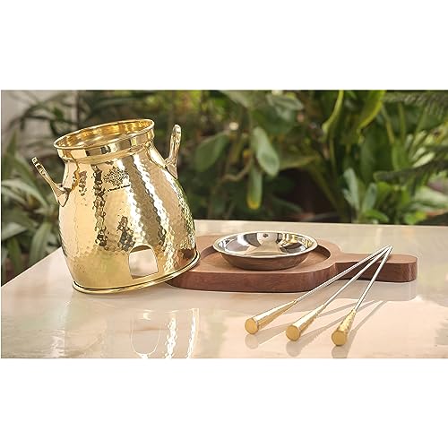 Indian Art Villa Brass Table Tandoor with Wooden Base and 3 Skewers, Hammered Design, Tabletop Oven for Indian Cooking - Home, Hotel and Restaurant Use, Diameter - 12 Inch