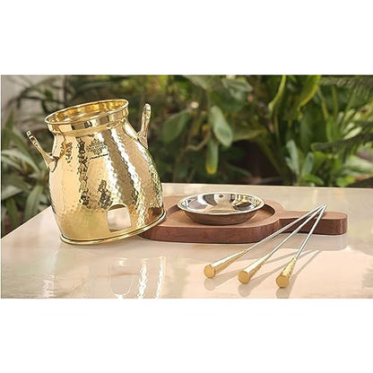 Indian Art Villa Brass Table Tandoor with Wooden Base and 3 Skewers, Hammered Design, Tabletop Oven for Indian Cooking - Home, Hotel and Restaurant Use, Diameter - 12 Inch