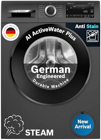 Bosch 9kg 5 Star Anti Stain & AI Active Water Plus Fully Automatic Front Load Washing Machine with Built in Heater (WGA1420TIN, Pretreatment & Steam with Anti Bacteria and 5 Star Inverter, Black Grey)