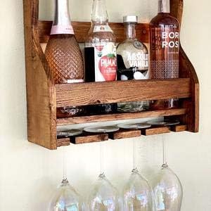 Elegant Wall-Mounted Wood Wine Rack – Holds 4/8 Glasses & Bottles, Space-Saving Mini Bar Cabinet for Home, Kitc