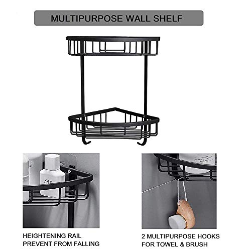 Plantex Stainless Steel Corner Shelf for Bathroom Wall/Bathroom Corner Rack with Hooks/Bathroom Organiser with Drill (2-Tier, Black)-4