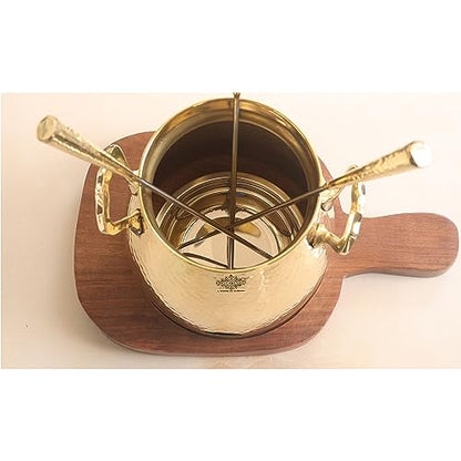 Indian Art Villa Brass Table Tandoor with Wooden Base and 3 Skewers, Hammered Design, Tabletop Oven for Indian Cooking - Home, Hotel and Restaurant Use, Diameter - 12 Inch