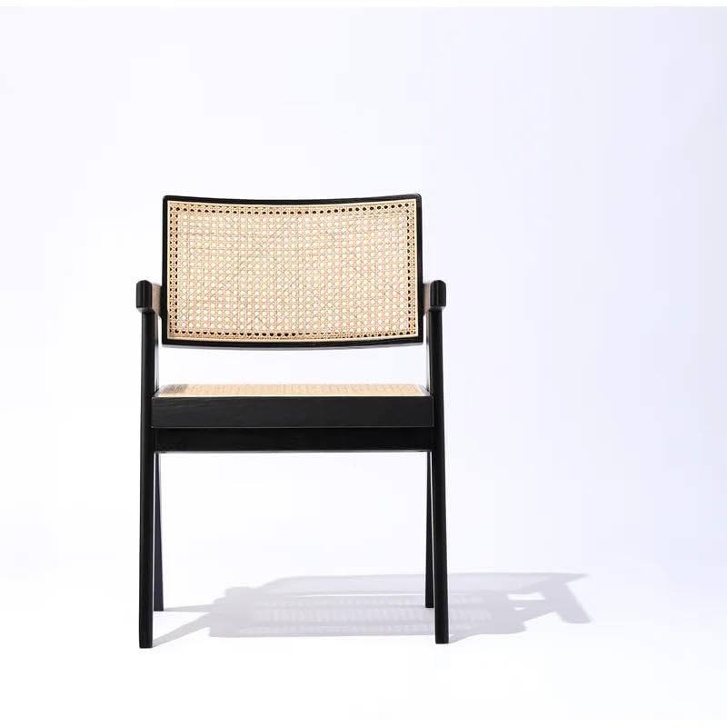 Sheesham Wood Cane Chair for Living Room | Mid-Century Accent Armchair with Handwoven Rattan Back & Seat | Wood