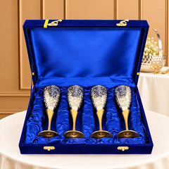 Brass Silver Plated Champagne Engraved Wine Glass Pair With Velvet Box (6.5 Inch)