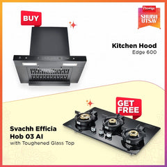 Prestige Kitchen Hood - Edge 600 with Svachh Efficia Hob 03 AI (with Toughened Glass Top Multi Spark Ignition System &amp; 3 Brass Burners) and Chimney Installation Kit