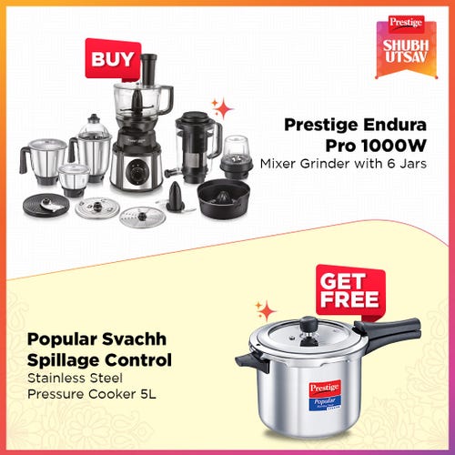 Prestige 1000 Watts Endura Pro Mixer Grinder with 6 Jars and Food Processor Black, Silver, and Popular Svachh Spillage Control Stainless Steel Pressure Cooker, 5 L (Silver)
