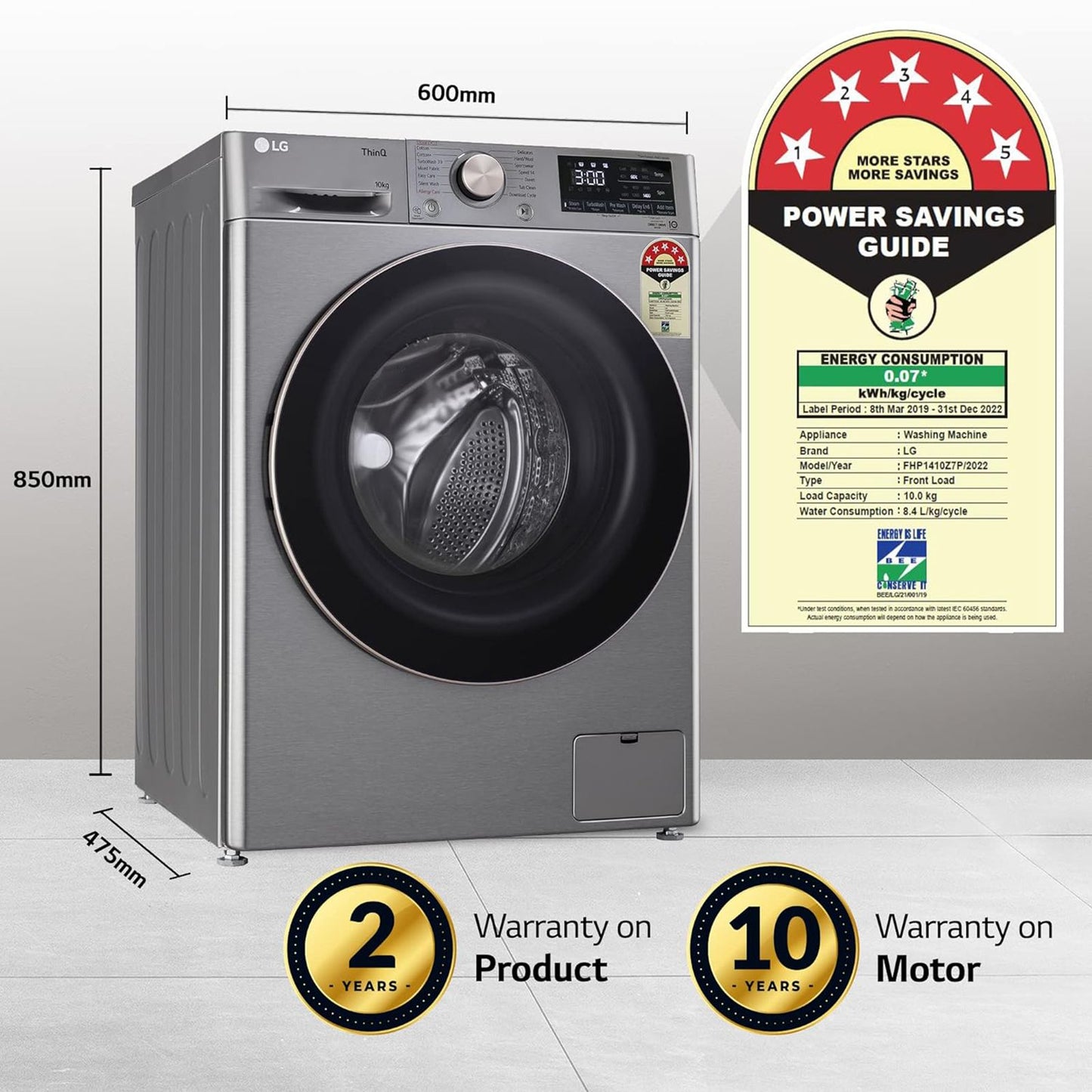 LG 10 kg 5 Star Fully Automatic Front Load Washing Machine (FHP1410Z7P.APSQEIL, Smart Diagnosis, Platinum Silver)