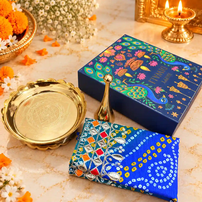 Brass Diwali Gift Hamper with Lotus Plate, Handbell and Pooja Asana