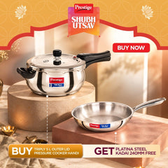 Prestige 5 Litre TRIPLY Svachh Outer Lid Handi Pressure Cooker, Deep Lid for Spillage Control, Gas & Induction Compatible + Prestige 24cm/1.7L Tri-Ply Stainless Steel Splendid Fry Pan, 15Y Warranty