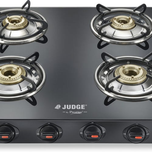 Judge by Prestige Deluxe 4B Toughened Black Glass Top Gas Stove 4 Brass Burners|Manual|Ergonomic Knob Design|Spill Proof Design|2Years Warranty|Black