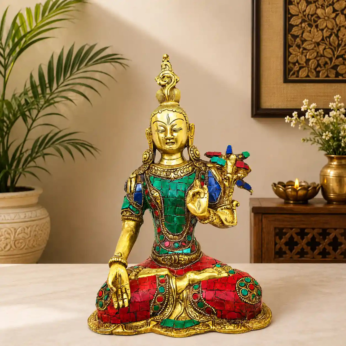 Brass Stone work Sitting Tara Devi Idol (11 Inch)