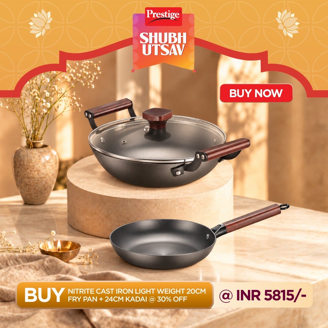 Prestige Castlite Nitride Cast Iron Fry Pan 20cm/0.9L, Rust-Proof, Chemical-Free + Prestige Castlite Lightweight Cast Iron Kadai 24cm/2.4L with Glass Lid, Enamel Coated, Gas & Induction, 15Y Warranty
