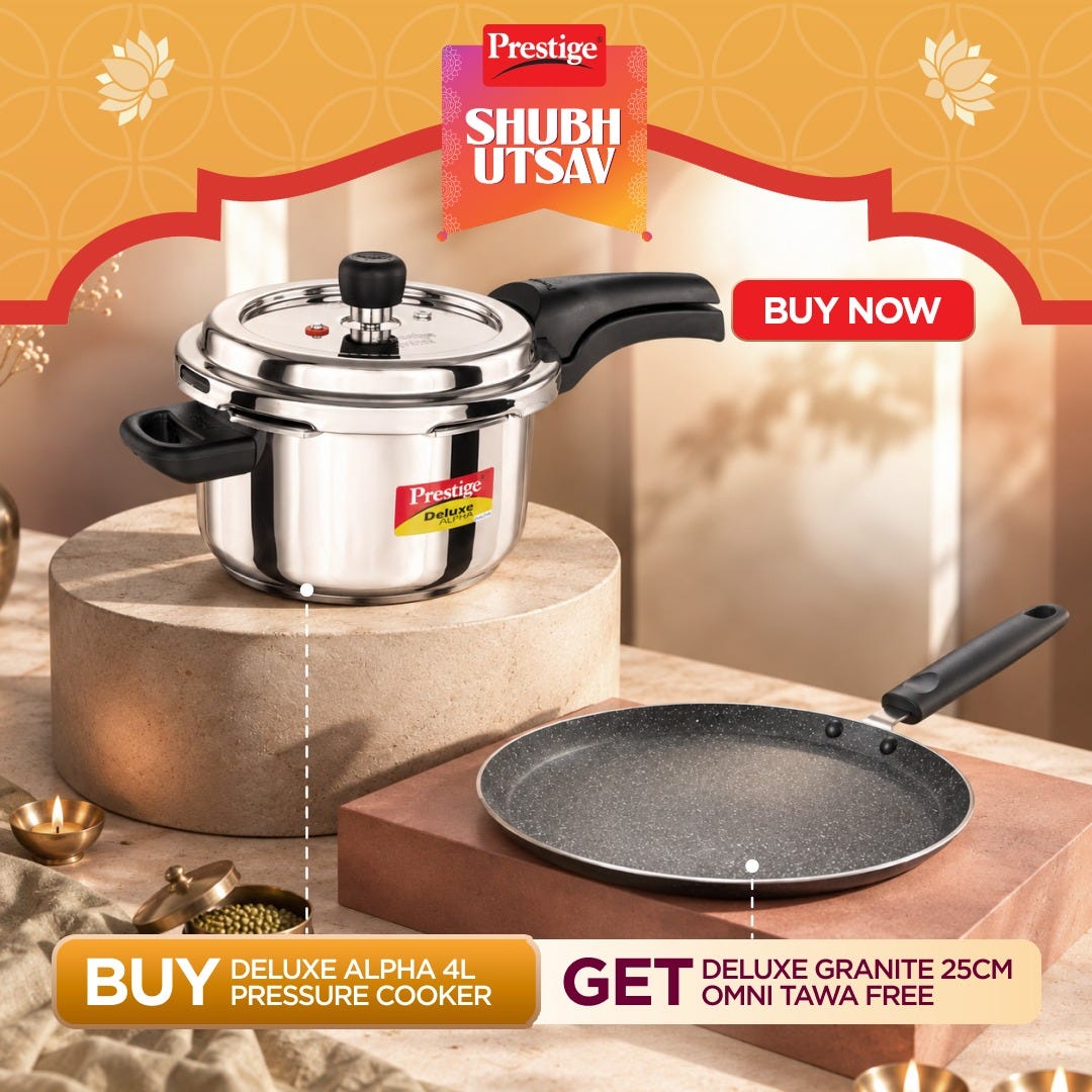 Prestige Deluxe Alpha Svachh Stainless Steel Spillage Control Pressure Cooker, 4 L (Silver), Prestige Omega Deluxe Granite Non-stick Round Base Omni Tawa, 25 cm (Black)
