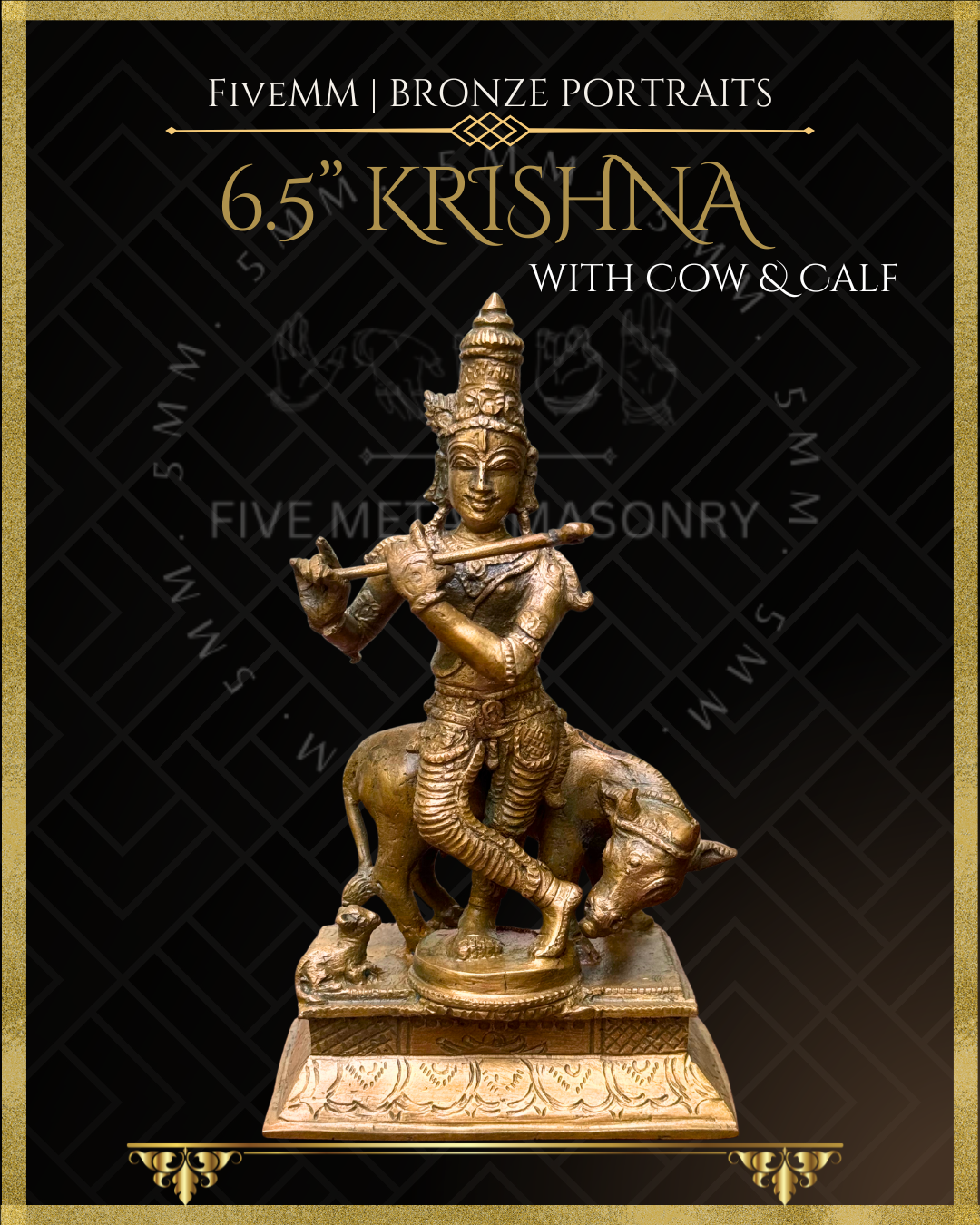 Krishna with cow & calf Panchaloha Bronze Icon - 6.5"