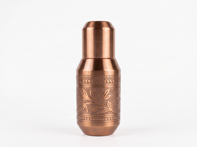 Handcrafted Copper Surai Water Bottle with Floral Engraving