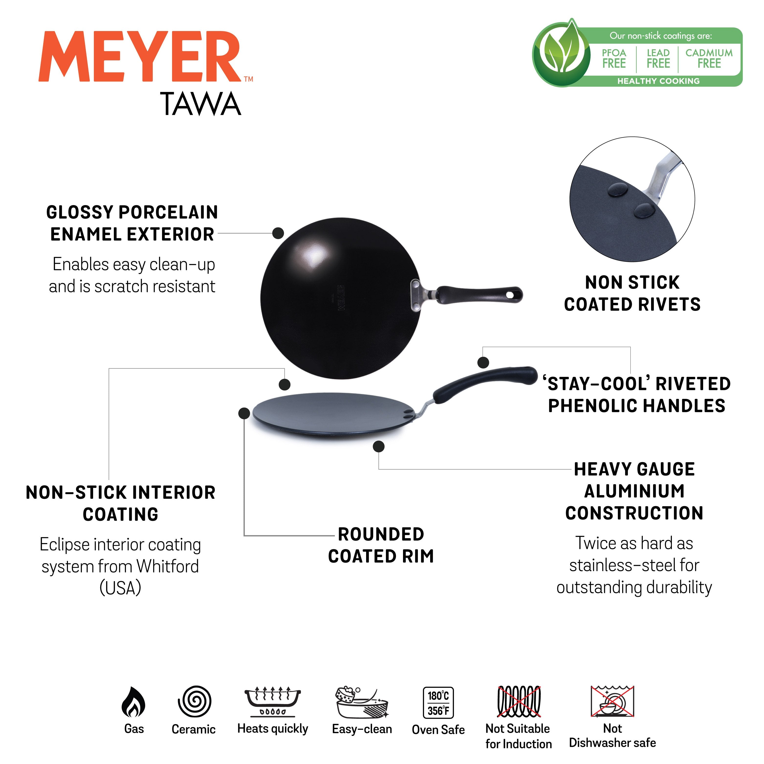 Meyer Premium Non-Stick Curved Roti Tawa, 26cm, Black (4mm thick)