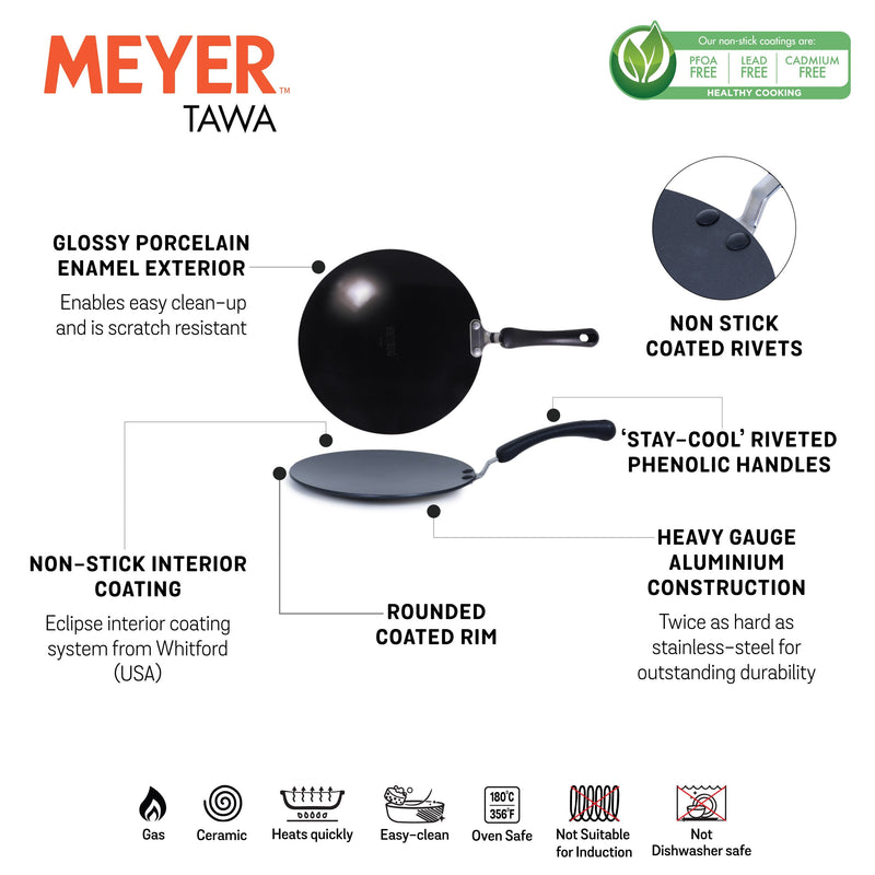 Meyer Premium Non-Stick Curved Roti Tawa, 26cm, Black (4mm thick)
