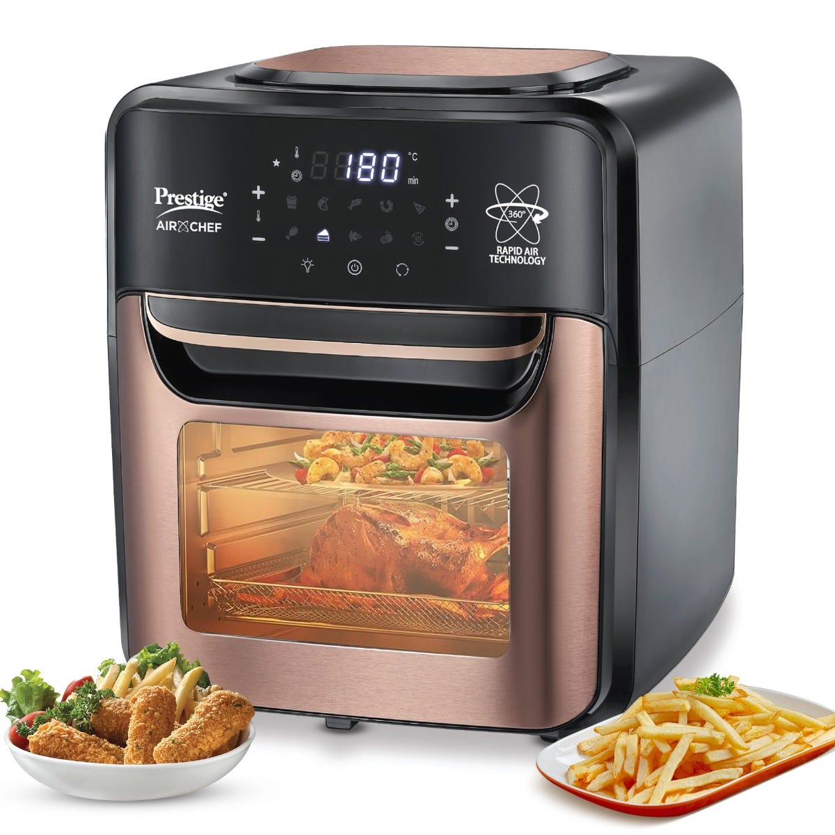 Prestige AirChef 12L Air Fryer Oven, 1800W, 360° Rapid Air, Rotisserie, 10 Preset Menu, Rose Gold + Prestige Nutri-Mate 400W Mixer Grinder, 2 Jars & 3 Lids, Dual Safety Interlock, 1Y Warranty