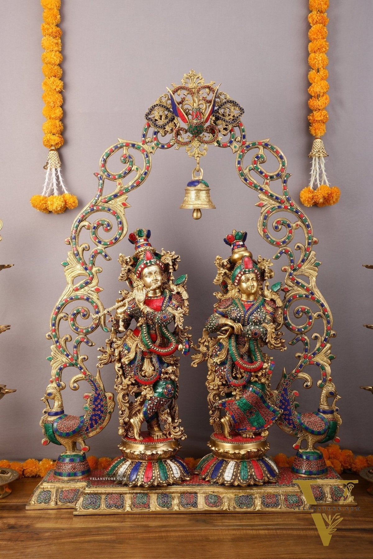 45" Brass Radha Krishna with Peacock Temple Arch Meenakari statues