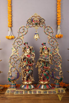 45" Brass Radha Krishna with Peacock Temple Arch Meenakari statues