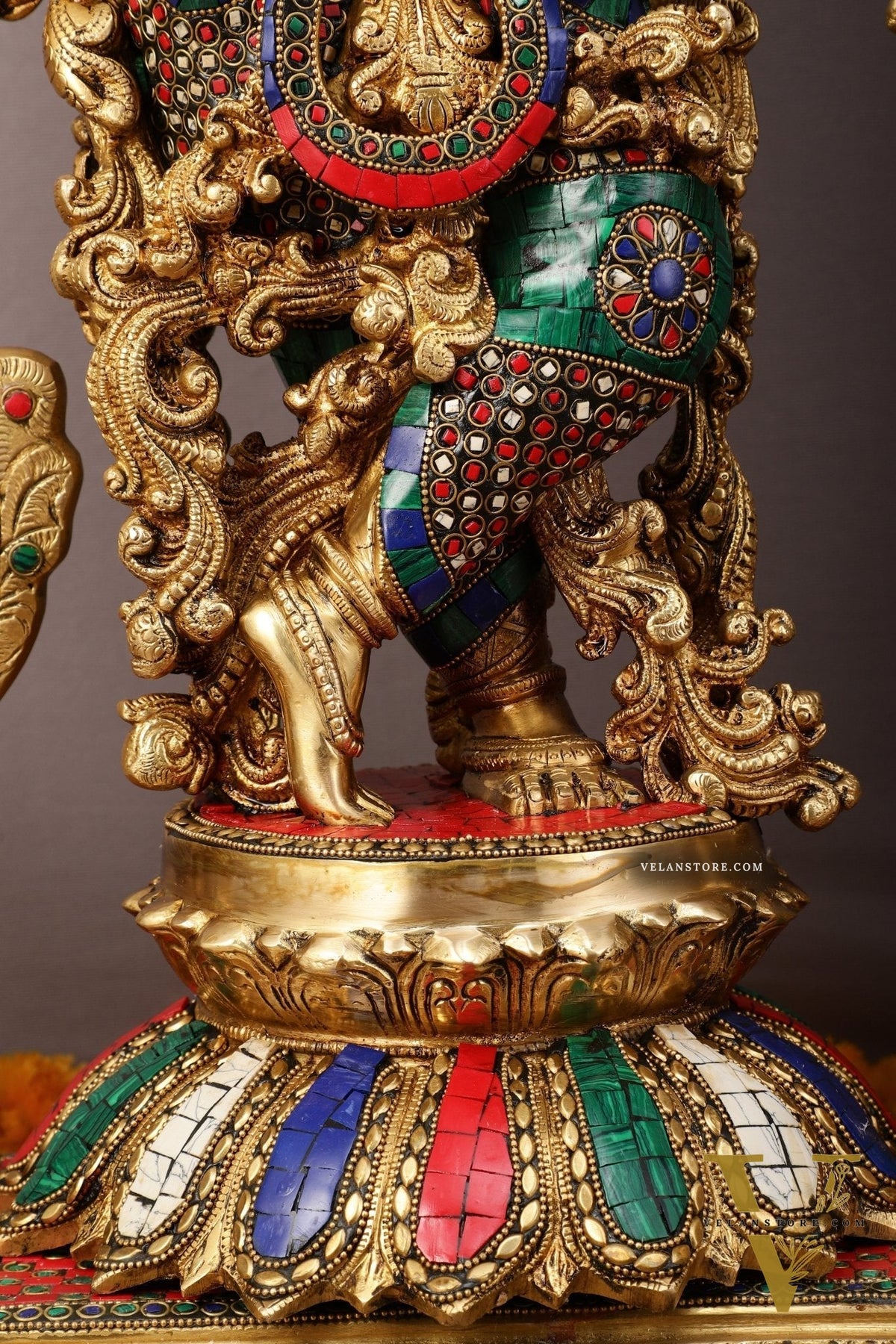 45" Brass Radha Krishna with Peacock Temple Arch Meenakari statues