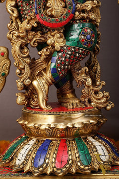 45" Brass Radha Krishna with Peacock Temple Arch Meenakari statues