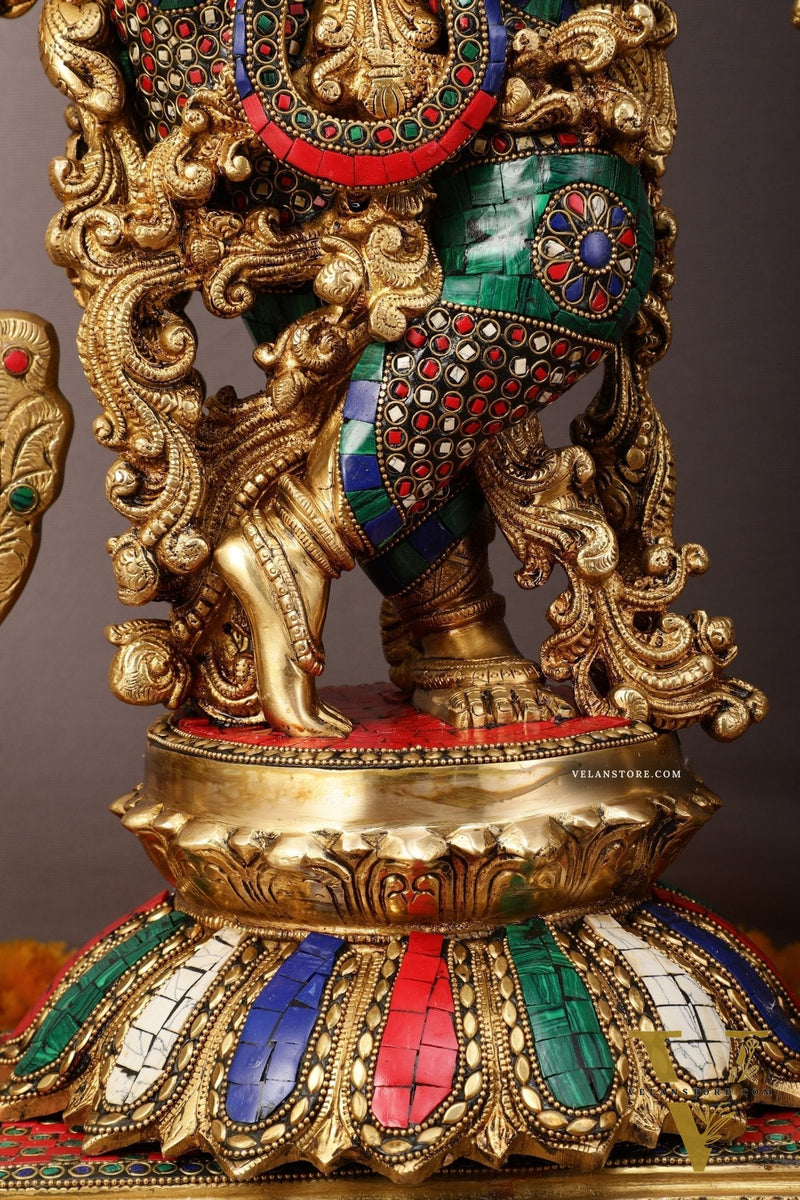 45" Brass Radha Krishna with Peacock Temple Arch Meenakari statues