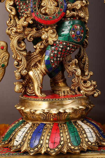 45" Brass Radha Krishna with Peacock Temple Arch Meenakari statues